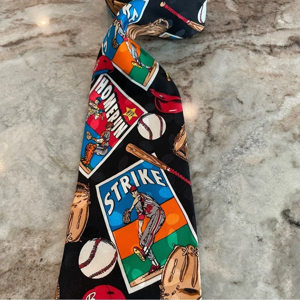 Vintage Baseball Mens Tie 100% Silk Baseball Card, Bat, 90'S